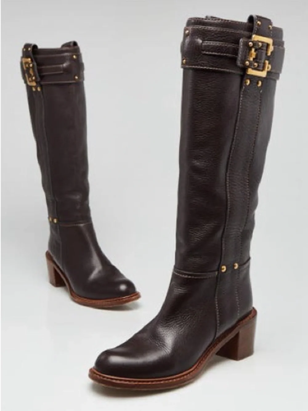 Women’s Chloe Paddington Elegant Brown Pebble Grain Leather Knee-High Boots 38.5